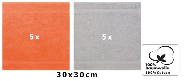 Lot de 10 serviettes débarbouillettes "Premium" couleur: orange & gris argenté, taille: 30x30 cm de Betz