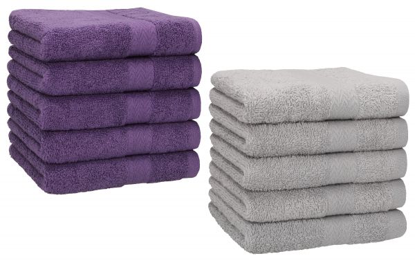 Betz 10 Piece Towel Set PREMIUM 100% Cotton 10 Face Cloths Colour: purple & silver grey