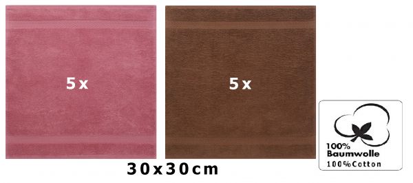 Betz 10 Stück Seiftücher PREMIUM 100% Baumwolle Seiflappen Set 30x30 cm Farbe altrosa und nussbraun