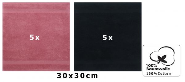 Betz 10 Stück Seiftücher PREMIUM 100% Baumwolle Seiflappen Set 30x30 cm Farbe altrosa und schwarz