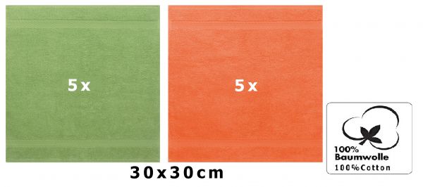 Betz 10 Piece Towel Set PREMIUM 100% Cotton 10 Face Cloths Colour: apple green & orange