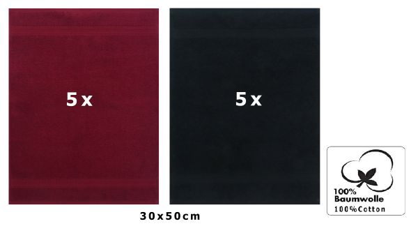 Betz 10 Stück Gästehandtücher PREMIUM 100%Baumwolle Gästetuch-Set 30x50 cm Farbe dunkelrot und schwarz