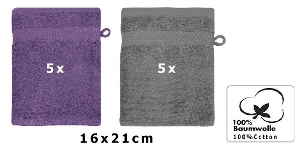 Betz lot de 10 gants de toilette taille 16x21 cm 100% coton Premium couleur lila, gris anthracite