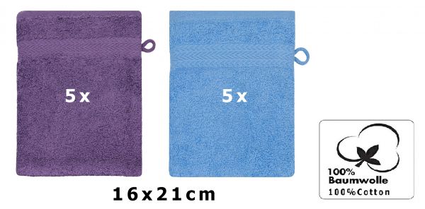 Betz 10 Stück Waschhandschuhe PREMIUM 100% Baumwolle Waschlappen Set 16x21 cm Farbe lila und hellblau