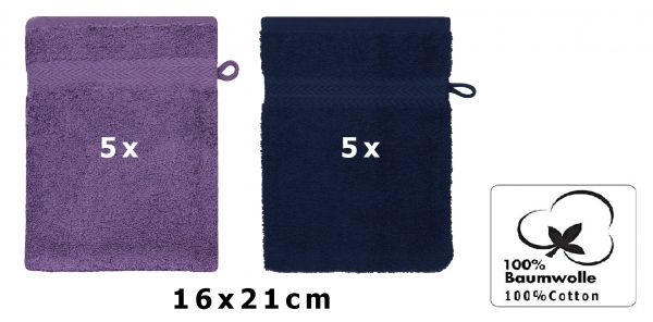 Betz Set di 10 guanti da bagno Premium misure 16 x 21 cm 100% cotone lilla e blu scuro
