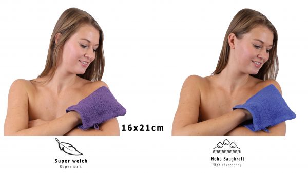 Betz Set di 10 guanti da bagno Premium misure 16 x 21 cm 100% cotone lilla e blu reale