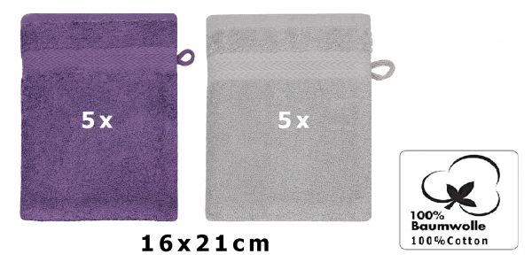 Betz lot de 10 gants de toilette taille 16x21 cm 100% coton Premium couleur lila, gris argenté