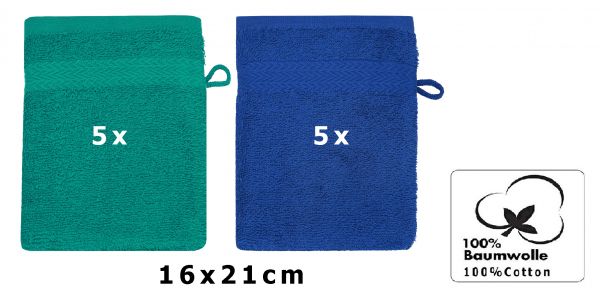 Betz 10 Stück Waschhandschuhe PREMIUM 100% Baumwolle Waschlappen Set 16x21 cm Farbe smaragdgrün und royalblau