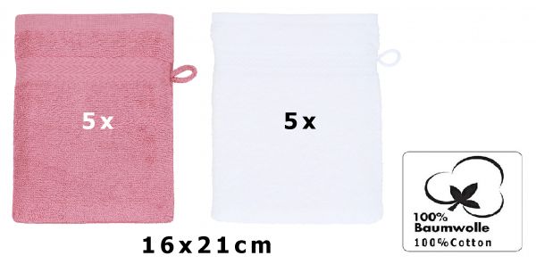 Lot de 10 gants de toilette "Premium" vieux rose et blanc, taille: 16x21 cm