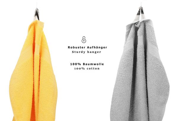 Betz 10 Piece Towel Set CLASSIC 100% Cotton 2 Face Cloths 2 Guest Towels 4 Hand Towels 2 Bath Towels Colour: yellow & silver grey