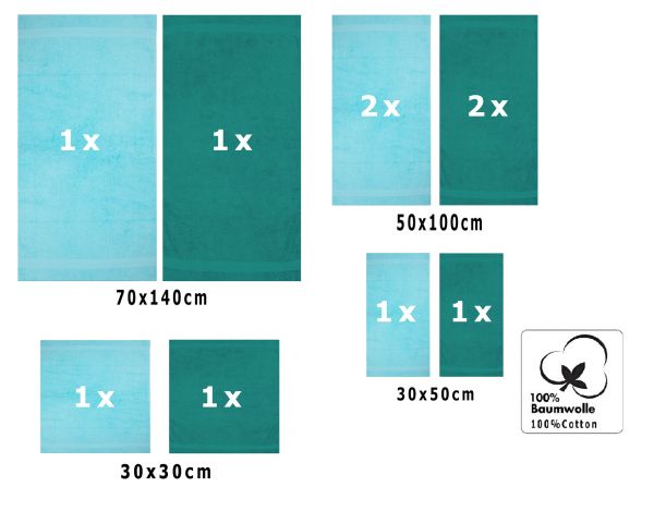 Betz Set di 10 asciugamani Classic-Premium 2 lavette 2 asciugamani per ospiti 4 asciugamani 2 asciugamani da doccia 100 % cotone colore turchese e verde smeraldo