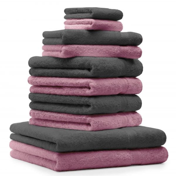 Betz 10 Piece Towel Set CLASSIC 100% Cotton 2 Face Cloths 2 Guest Towels 4 Hand Towels 2 Bath Towels Colour: old rose & anthracite