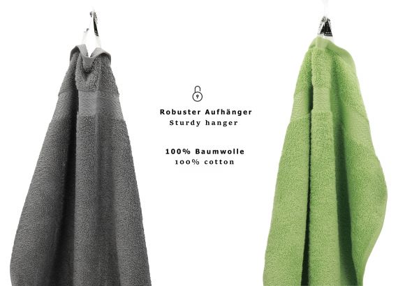 Betz Juego de 10 toallas CLASSIC 100% algodón 2 toallas de baño 4 toallas de lavabo 2 toallas de tocador 2 toallas faciales verde manzana y gris antracita