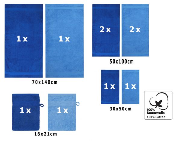 Betz 10-tlg. Handtuch-Set PREMIUM 100%Baumwolle 2 Duschtücher 4 Handtücher 2 Gästetücher 2 Waschhandschuhe Farbe Royal Blau & Hell Blau