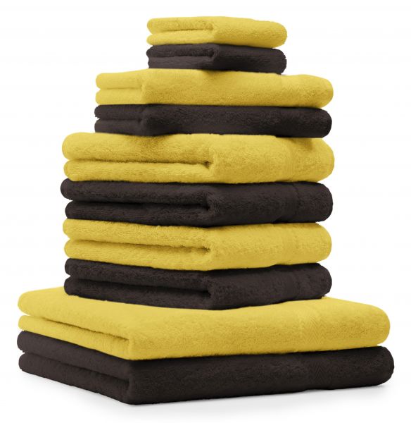 Betz 10 Piece Towel Set PREMIUM 100% Cotton 2 Wash Mitts 2 Guest Towels 4 Hand Towels 2 Bath Towels Colour: yellow & dark brown