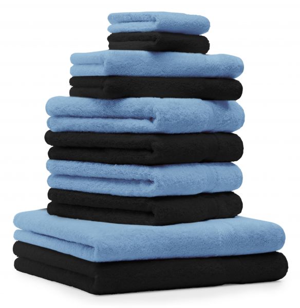 Betz 10 Piece Towel Set PREMIUM 100% Cotton 2 Wash Mitts 2 Guest Towels 4 Hand Towels 2 Bath Towels Colour: black & light blue