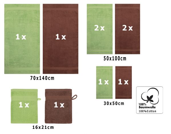 Betz PREMIUM Handtuch-Set - 10 teiliges Handtücher-Set -  2x Duschtücher - 4x Handtücher – 2x Gästetucher – 2x Waschhandschuhe Apfelgrün - Nussbraun