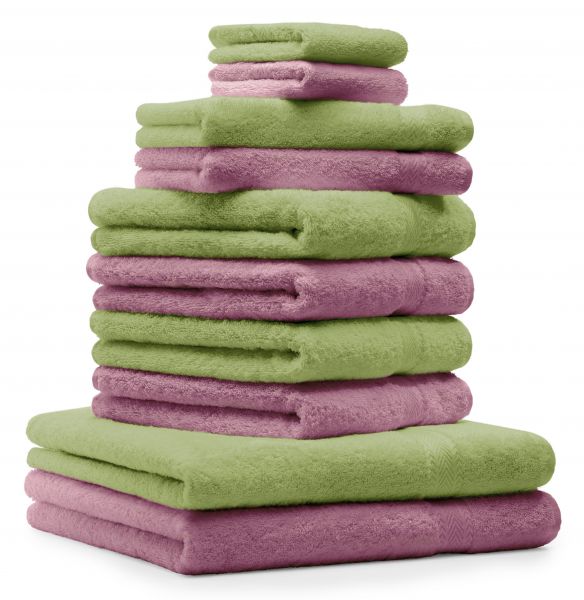 Betz 10 Piece Towel Set PREMIUM 100% Cotton 2 Wash Mitts 2 Guest Towels 4 Hand Towels 2 Bath Towels Colour: apple green & old rose