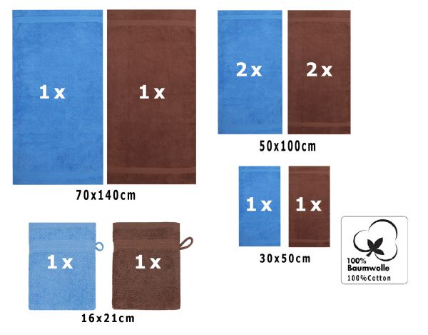 Betz 10-tlg. Handtuch-Set PREMIUM 100%Baumwolle 2 Duschtücher 4 Handtücher 2 Gästetücher 2 Waschhandschuhe Farbe Hell Blau & Nuss Braun