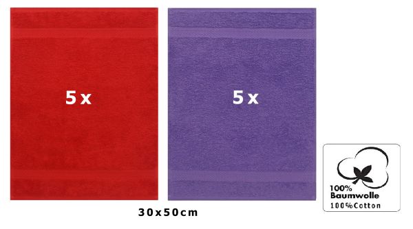 Set di 10 asciugamani per ospiti PREMIUM, colore: rosso e lilla, misura:  30 x 50 cm