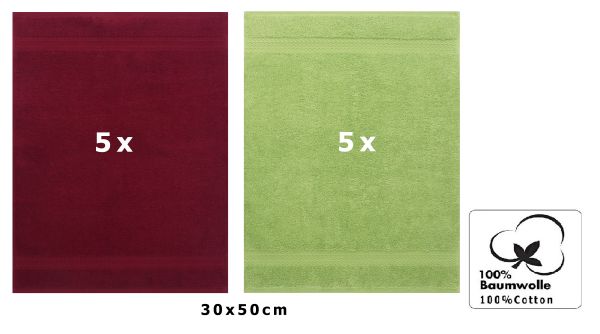 Betz 10 Stück Gästehandtücher PREMIUM 100%Baumwolle Gästetuch-Set 30x50 cm Farbe dunkelrot und apfelgrün