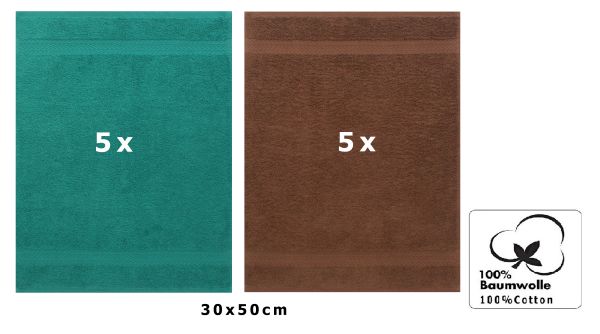 Betz 10 Stück Gästehandtücher PREMIUM 100%Baumwolle Gästetuch-Set 30x50 cm Farbe smaragdgrün und nussbraun