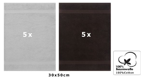 Set di 10 asciugamani per ospiti PREMIUM, colore: grigio argento e marrone scuro, misura:  30 x 50 cm