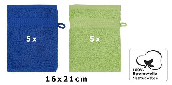 Betz 10 Stück Waschhandschuhe PREMIUM 100% Baumwolle Waschlappen Set 16x21 cm Farbe royalblau und apfelgrün