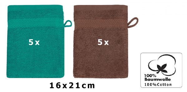 Betz Set di 10 guanti da bagno Premium misure 16 x 21 cm 100% cotone verde smeraldo e marrone noce