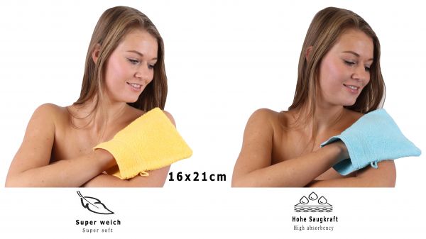 Betz 10 Stück Waschhandschuhe PREMIUM 100% Baumwolle Waschlappen Set 16x21 cm Farbe gelb und türkis