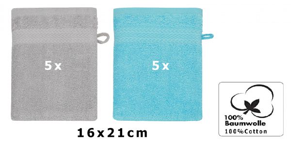 Betz Lot de 10 gants de toilette Premium gris argenté et turquoise, taille: 16x21 cm