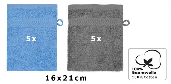 Betz Set di 10 guanti da bagno Premium misure 16 x 21 cm 100% cotone azzurro e grigio antracite