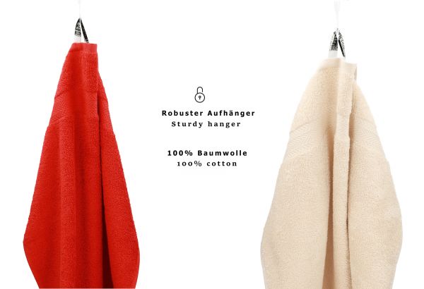 10 uds. Juego de toallas Classic- Premium , color:  rojo y beige, 2 toallas cara 30x30, 2 toallas de invitados 30x50, 4 toallas de 50x100, 2 toallas de baño 70x140 cm