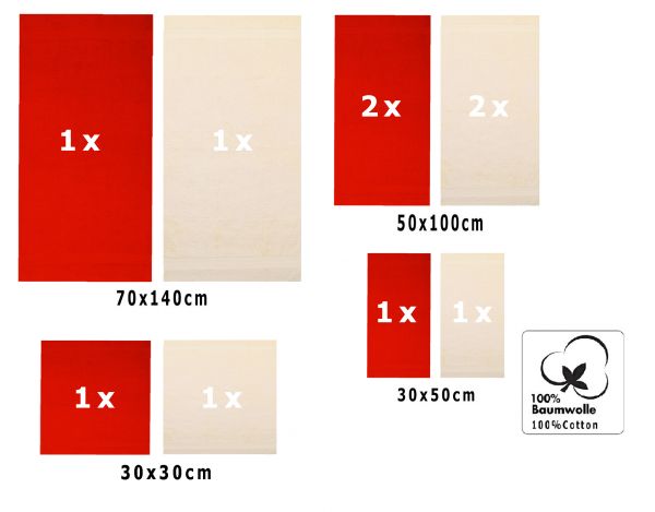 10 uds. Juego de toallas Classic- Premium , color:  rojo y beige, 2 toallas cara 30x30, 2 toallas de invitados 30x50, 4 toallas de 50x100, 2 toallas de baño 70x140 cm