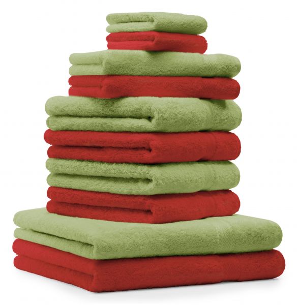 Betz 10-tlg. Handtuch-Set CLASSIC 100% Baumwolle 2 Duschtücher 4 Handtücher 2 Gästetücher 2 Seiftücher Farbe rot und apfelgrün