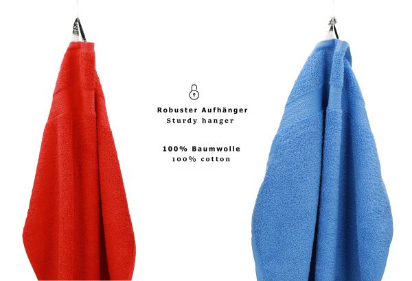 10 uds. Juego de toallas Classic- Premium , color:  rojo y azul claro de , 2 toallas cara 30x30, 2 toallas de invitados 30x50, 4 toallas de 50x100, 2 toallas de baño 70x140 cm