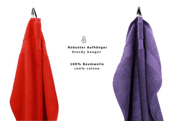 10 uds. Juego de toallas Classic- Premium , color:  rojo y morado de , 2 toallas cara 30x30, 2 toallas de invitados 30x50, 4 toallas de 50x100, 2 toallas de baño 70x140 cm