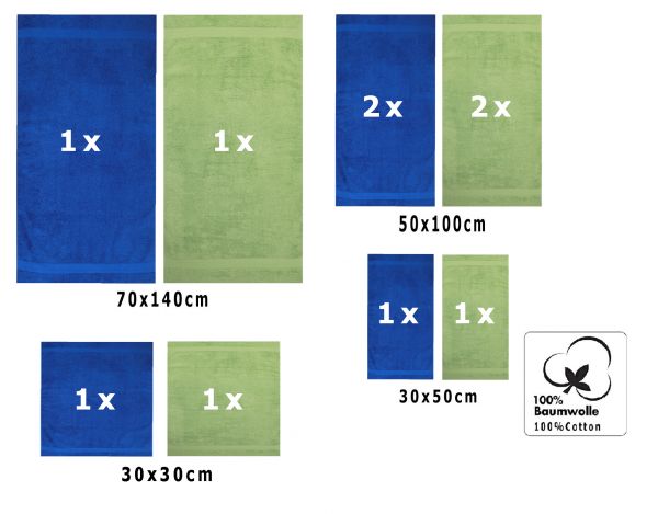 10 uds. Juego de toallas Classic- Premium , color:azul y verde manzana  , 2 toallas de cara 30x30, 2 toallas de invitados 30x50, 4 toallas de 50x100, 2 toallas de baño 70x140 cm