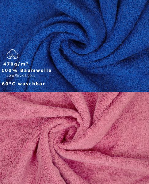 10 uds. Juego de toallas Classic- Premium , color:azul y rosa  , 2 toallas de cara 30x30, 2 toallas de invitados 30x50, 4 toallas de 50x100, 2 toallas de baño 70x140 cm