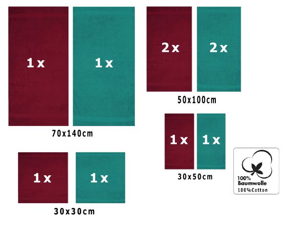 10 Piece Towel Set Classic - Premium dark red & emerald green, 2 face cloths 30x30 cm, 2 guest towels 30x50 cm, 4 hand towels 50x100 cm, 2 bath towels 70x140 cm