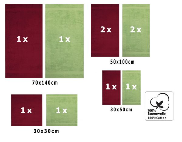 10 uds. Juego de toallas Classic- Premium , color:rojo oscuro y verde manzana  , 2 toallas de cara 30x30, 2 toallas de invitados 30x50, 4 toallas de 50x100, 2 toallas de baño 70x140 cm