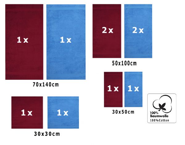 10 uds. Juego de toallas Classic- Premium , color:rojo oscuro y azul claro , 2 toallas de cara 30x30, 2 toallas de invitados 30x50, 4 toallas de 50x100, 2 toallas de baño 70x140 cm