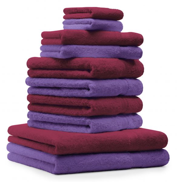 Betz Set di 10 asciugamani Classic-Premium 2 lavette 2 asciugamani per ospiti 4 asciugamani 2 asciugamani da doccia 100 % cotone colore rosso scuro e lilla