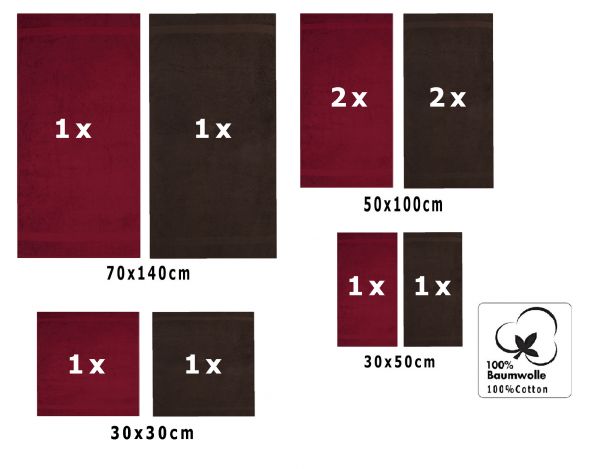 10 uds. Juego de toallas Classic- Premium , color:rojo oscuro y marrón oscuro, 2 toallas de cara 30x30, 2 toallas de invitados 30x50, 4 toallas de 50x100, 2 toallas de baño 70x140 cm
