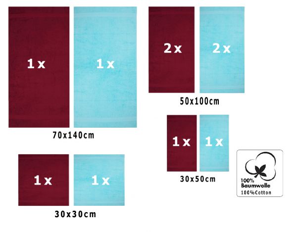 10 uds. Juego de toallas Classic- Premium , color:rojo oscuro y turquesa  , 2 toallas de cara 30x30, 2 toallas de invitados 30x50, 4 toallas de 50x100, 2 toallas de baño 70x140 cm
