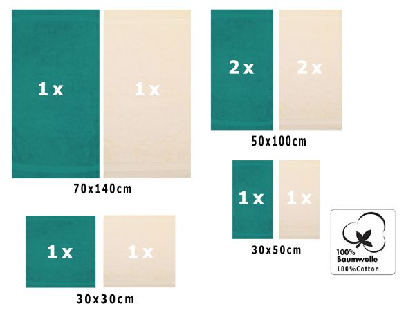 10 uds. Juego de toallas Classic- Premium , color:verde esmeralda y beige, 2 toallas de cara 30x30, 2 toallas de invitados 30x50, 4 toallas de 50x100, 2 toallas de baño 70x140 cm