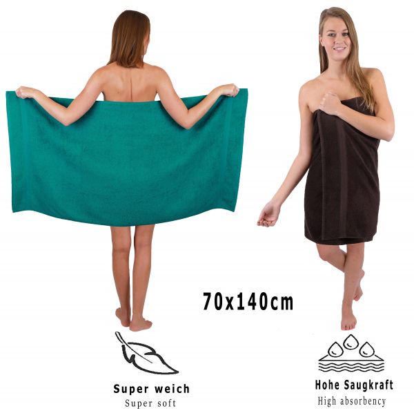 10 Piece Towel Set Classic - Premium emerald green & dark brown, 2 face cloths 30x30 cm, 2 guest towels 30x50 cm, 4 hand towels 50x100 cm, 2 bath towels 70x140 cm