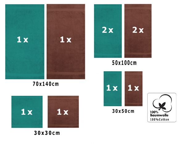 10 uds. Juego de toallas Classic- Premium , color:verde esmeralda y marrón nuez, 2 toallas de cara 30x30, 2 toallas de invitados 30x50, 4 toallas de 50x100, 2 toallas de baño 70x140 cm