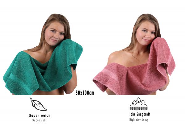 Betz Set di 10 asciugamani Classic-Premium 2 lavette 2 asciugamani per ospiti 4 asciugamani 2 asciugamani da doccia 100 % cotone colore verde smeraldo e rosa antico