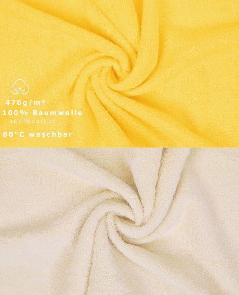 10 uds. Juego de toallas Classic- Premium , color:amarillo y beige , 2 toallas de cara 30x30, 2 toallas de invitados 30x50, 4 toallas de 50x100, 2 toallas de baño 70x140 cm